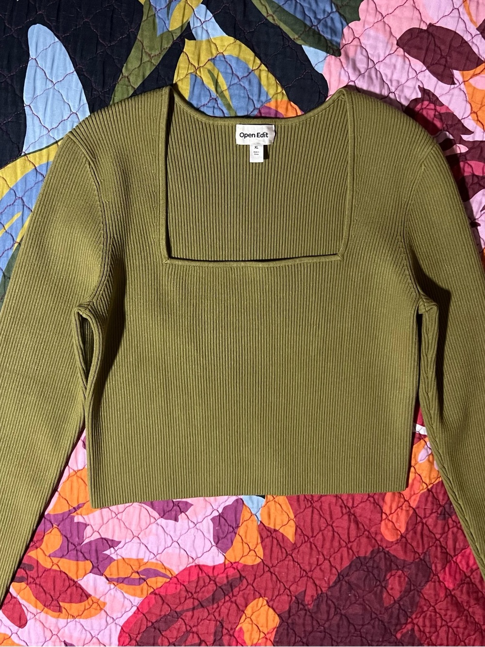 Open Edit Olive Green Square Neck Ribbed Long Sleeve Top NWOT - Size XL